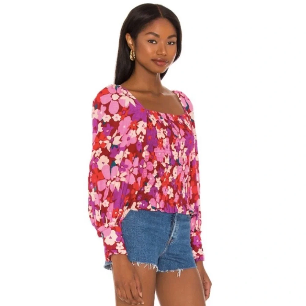 FREE PEOPLE Ariana Smocked Bodice Puff Sleeve Floral Top  Size Small